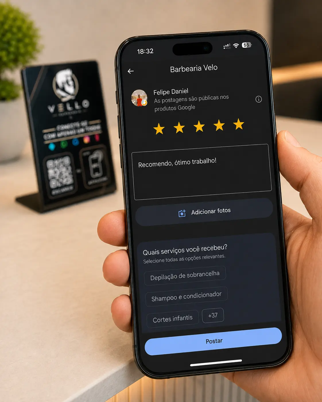 Duo Inova para avaliação no Google: tela de avaliação 5 estrelas aberta após aproximar o celular do display NFC