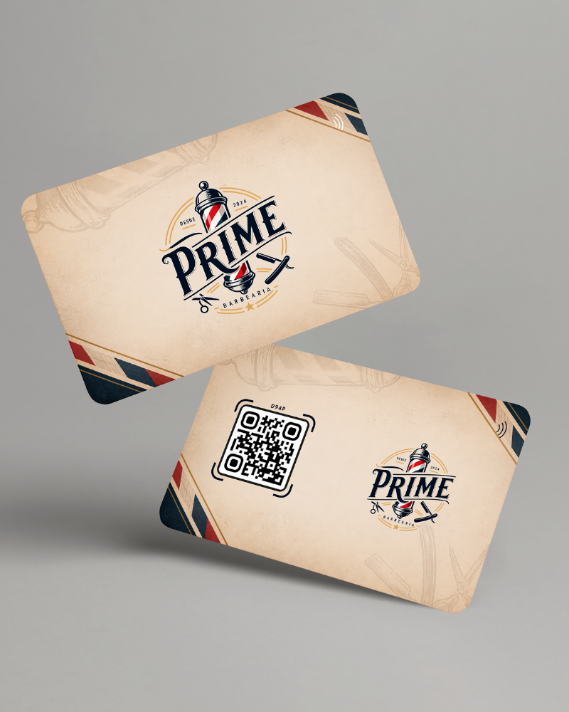 Duo Card cartão NFC preto personalizado com logo de pet shop e QR Code